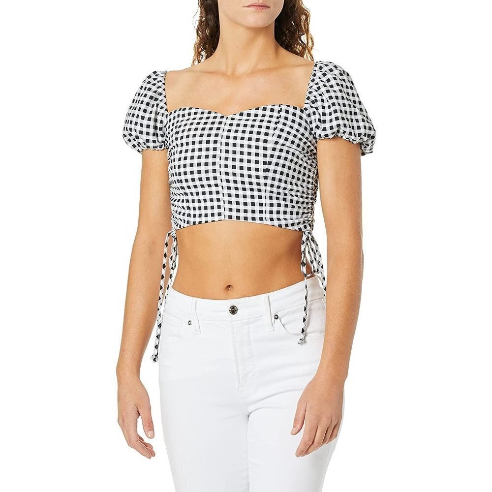 Likely Black And White‎ Gingham Cavanaugh Puff Sleeve Cropped Corset Top Size S